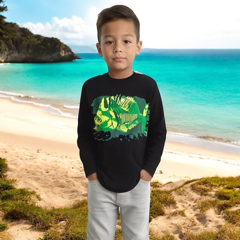The Children's Place Boys Shirt Size‎ 4 XS Black Fish Skeleton Long Sleeve NEW